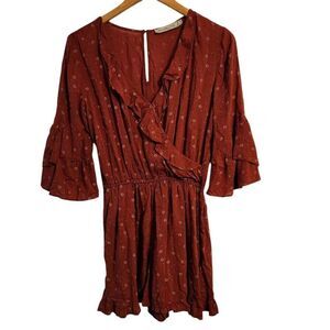 Abercrombie & Fitch romper floral rust burnt orange ruffle faux wrap small